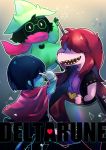  androgynous axe black_hair black_jacket blue_skin bracelet cape copyright_name deltarune green_hat grey_background hair_over_eyes hand_up hat index_finger_raised jacket jewelry kris_(deltarune) multiple_others pink_scarf ralsei red_cape scarf sen1986 sharp_teeth spiked_bracelet spikes standing susie_(deltarune) sword teeth weapon 