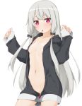  bangs black_jacket blush breasts collarbone commentary_request eyebrows_visible_through_hair grey_hair hair_ornament hands_up hinata_masaki hood hood_down hooded_jacket jacket long_hair long_sleeves looking_at_viewer naked_coat navel open_clothes open_jacket parted_lips pinching_sleeves red_eyes simple_background sleeves_past_wrists small_breasts solo sophie_twilight tonari_no_kyuuketsuki-san very_long_hair white_background 