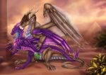  2018 blue_eyes blue_pussy brown_scales cum cum_in_pussy cum_inside detailed_background digital_media_(artwork) dragon duo female feral from_behind_position hi_res male male/female membranous_wings penetration purple_eyes pussy scales scalie selianth sex vaginal vaginal_penetration western_dragon wings 