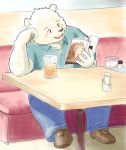  2017 anthro bear black_nose blush book cafeteria clothing drinks fur humanoid_hands male mammal pants polar_bear reading shirt sitting solo tiger_cub white_fur 