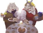  2017 anthro asgore_dreemurr boss_monster caprine clothing drinks duo female food male mammal one_eye_closed overweight shirt simple_background sv_grart toriel undertale video_games white_background wink 