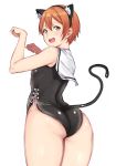  :d alp animal_ears arms_up ass bangs bare_arms bare_shoulders black_hairband black_leotard cat_ears cat_tail cowboy_shot fake_animal_ears fake_tail from_behind hair_between_eyes hairband highres hoshizora_rin leotard looking_at_viewer looking_back love_live! love_live!_school_idol_project open_mouth orange_hair paw_pose sailor_collar short_hair side-tie_leotard simple_background smile solo tail white_background white_sailor_collar yellow_eyes 