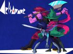 1girl 1other axe black_footwear black_hair black_nails blue_background blue_skin boots bracelet brown_hair capelet commentary_request deltarune fighting_stance gauntlets green_cloak green_hat hair_over_eyes hat jewelry kris_(deltarune) multiple_others nail_polish over_shoulder pink_scarf pink_skin profile ralsei sachy_(sachichy) scarf sharp_teeth spiked_armlet spiked_bracelet spikes standing striped_capelet susie_(deltarune) sword teeth weapon yellow_teeth 