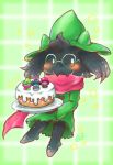  black_footwear blush cake character_doll commentary_request deltarune food green-framed_eyewear green_background green_hat hat highres holding_cake kris_(deltarune) pink_scarf pusumilk ralsei scarf simple_background solo standing susie_(deltarune) white_eyes 