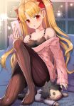  bangs blonde_hair blush bow breasts brown_legwear cellphone character_doll commentary_request ereshkigal_(fate/grand_order) eyebrows_visible_through_hair fate/grand_order fate_(series) fingernails fujimaru_ritsuka_(male) hair_bow hand_up head_tilt holding holding_cellphone holding_phone knee_up long_hair long_sleeves medium_breasts no_shoes off-shoulder_sweater pantyhose parted_lips phone pillow pink_sweater red_bow red_eyes ribbed_sweater sitting sleeves_past_wrists solo striped striped_legwear sweater twitter_username two_side_up tyone vertical-striped_legwear vertical_stripes very_long_hair 