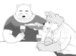  2016 anthro bear blush canine clothing drinks duo humanoid_hands male mammal moobs overweight overweight_male shirt simple_background sitting tiger_cub 