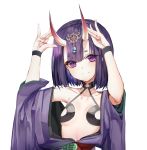  absurdres bob_cut breasts closed_mouth collarbone eyebrows eyebrows_visible_through_hair fate/grand_order fate_(series) highres horns looking_at_viewer oni oni_horns poharo purple_eyes purple_hair short_hair shuten_douji_(fate/grand_order) simple_background small_breasts smile solo white_background 
