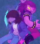  alternate_form axe black_footwear black_jacket blue_background bracelet brown_hair chalk clenched_hand deltarune hair_over_eyes hand_on_hip jacket jewelry mouth_hold multiple_views sharp_teeth spiked_armlet spiked_bracelet spikes susie_(deltarune) teeth yellow_teeth 