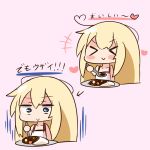  &gt;_&lt; :&gt; bangs bare_arms bare_shoulders blonde_hair blue_eyes blush_stickers camisole chibi closed_eyes closed_mouth commentary_request curry curry_rice directional_arrow eyebrows_visible_through_hair food hair_between_eyes hana_kazari heart holding holding_spoon long_hair pink_background plate rice sidelocks sketch spoon takanashi_misha translation_request uchi_no_maid_ga_uzasugiru! white_camisole 