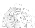  2014 anthro belly canine drinks eyewear glasses group humanoid_hands male mammal navel overweight overweight_male red_panda sitting tanuki tiger_cub towel 