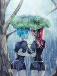  androgynous aqua_hair back blue_hair clipboard crystal_hair elbow_gloves frog gem_uniform_(houseki_no_kuni) gloves houseki_no_kuni leaf_umbrella meguritekuruhi multiple_others phosphophyllite rain red_hair shinsha_(houseki_no_kuni) short_hair smile tree 