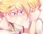  1girl :t angry annoyed aoi_choko_(aoichoco) arms_around_neck blonde_hair blue_eyes blush brother_and_sister collarbone ears eyebrows_visible_through_hair face-to-face forehead-to-forehead hair_tucking hands_on_another's_head kagamine_len kagamine_rin looking_at_another nervous playing_with_another's_hair pout print_sailor_collar puffy_cheeks sad shirt short_hair short_ponytail siblings sweatdrop t-shirt tearing_up tears twins vocaloid 