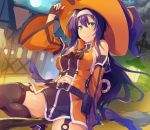  bare_shoulders belt black_gloves black_legwear black_skirt blue_hair breasts broom broom_riding building candy candy_cane detached_sleeves dress fingerless_gloves fire_emblem fire_emblem:_souen_no_kiseki fire_emblem_heroes food full_moon garter_straps gloves green_eyes halloween_costume hand_on_headwear hat headband lamppost large_breasts leaning_back long_hair long_sleeves looking_at_viewer midriff moon navel night night_sky orange_dress shinon_(tokage_shuryou) sideboob skirt sky smile solo thighhighs thighs wayu_(fire_emblem) wide_sleeves witch witch_hat 