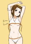  00s 1girl armpits arms_up bikini blush breasts brown_eyes brown_hair character_name english_text hairband holding_own_arm k-on! looking_at_viewer matching_hair/eyes navel parted_lips simple_background small_breasts solo standing swimsuit tainaka_ritsu text_focus tsukkun untied untied_bikini yellow_background 