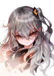  bangs black_jacket closed_mouth commentary dokomon english_commentary eyebrows_visible_through_hair girls_frontline grey_hair hair_between_eyes hair_ornament head_tilt highres jacket long_hair looking_at_viewer one_side_up red_eyes scar scar_across_eye simple_background solo ump45_(girls_frontline) v-shaped_eyebrows white_background 