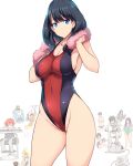  6+boys black_hair blue_eyes borr character_name competition_swimsuit cowboy_shot hassu hibiki_yuuta highleg highleg_swimsuit highres long_hair looking_at_viewer max_(ssss.gridman) multiple_boys multiple_girls namiko one-piece_swimsuit pink_towel samurai_calibur simple_background solo_focus ssss.gridman standing swimsuit takarada_rikka takarada_rikka's_mother towel tsukasawa_takamatsu two-tone_swimsuit utsumi_shou vit white_background 