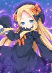  abigail_williams_(fate/grand_order) bangs black_bow black_dress black_hat blonde_hair blue_eyes blush bow bug butterfly closed_mouth commentary dress fate/grand_order fate_(series) forehead glowing hair_bow hand_up hat head_tilt insect long_hair long_sleeves milkpanda orange_bow parted_bangs polka_dot polka_dot_bow sleeves_past_fingers sleeves_past_wrists solo v-shaped_eyebrows very_long_hair 