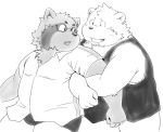  2016 anthro bear belly canine clothing duo eyewear glasses hug humanoid_hands male mammal overweight overweight_male polar_bear shirt shorts simple_background tanuki tiger_cub 