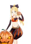  :o abigail_williams_(fate/grand_order) absurdres alternate_costume alternate_hairstyle bare_shoulders black_bow black_skirt black_sleeves blonde_hair blue_eyes bow breasts bubble_skirt collarbone commentary_request crop_top detached_sleeves eyebrows_visible_through_hair fate/grand_order fate_(series) forehead fur-trimmed_sleeves fur_trim gloves hair_bow halloween high_ponytail highres jack-o'-lantern long_hair long_sleeves looking_at_viewer midriff navel parted_lips paw_gloves paws polka_dot polka_dot_bow ponytail sidelocks skirt small_breasts solo very_long_hair white_background yukaa 