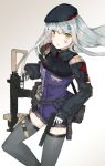  assault_rifle bag bangs belt beret black_belt black_hat black_legwear blunt_bangs closed_mouth commentary_request eques_mikumiku eyebrows_visible_through_hair facial_mark german_flag girls_frontline gloves green_eyes gun hair_ornament hat heckler_&amp;_koch highres hk416 hk416_(girls_frontline) hk45 holding holding_gun holding_weapon holster jacket long_hair looking_at_viewer messenger_bag plaid plaid_skirt pouch rifle scar scar_across_eye shoulder_bag silver_hair skirt solo straight_hair teardrop thighhighs weapon white_background 