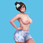  blue_background blue_nails blush breasts brown_eyes brown_hair choker glasses highres jewelry large_breasts looking_at_viewer mei_(overwatch) nail_polish nipples overwatch paid_reward patreon_reward simple_background solo tan tanline topless umigraphics 