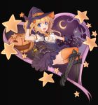  alternate_costume black_background blonde_hair boots breasts chain commentary_request gloves glowworm_(zhan_jian_shao_nyu) halloween hat highres jack-o'-lantern lamp looking_at_viewer open_mouth pumpkin rhineheim small_breasts solo star thighhighs twintails witch_hat zhan_jian_shao_nyu 