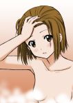  00s 1girl blush breasts brown_eyes brown_hair convenient_censoring gradient gradient_background hand_on_own_head k-on! looking_at_viewer matching_hair/eyes nude parted_lips small_breasts solo steam steam_censor tainaka_ritsu tsukkun upper_body 