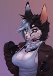  2018 5_fingers anthro black_hair blue_eyes blue_hair breasts canine cleavage clothed clothing digital_media_(artwork) female hair mammal missy_(artist) shirt simple_background solo standing tank_top 