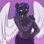  abstract_background black_fur blue_eyes blue_hair clothed clothing collar feathered_wings feathers feline female foxenawolf fur hair jewelry leopard mammal necklace purple_fur sabertooth_(disambiguation) solo star_kethera tasteful topless wings 