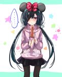  1girl blush bow churro commentary eyepatch fate/grand_order fate_(series) hair_bow highres hood hoodie low_twintails mickey_mouse_ears mochizuki_chiyome_(fate/grand_order) pantyhose purple_eyes skirt solo tiranaihana twintails 