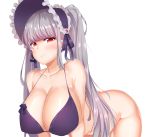  bangs bikini_top blush bottomless breasts character_request closed_mouth collarbone dungeon_and_fighter heart heart-shaped_pupils highres huge_breasts huge_filesize lelick long_hair looking_at_viewer purple_bikini_top red_eyes silver_hair simple_background smile solo symbol-shaped_pupils twintails white_background 