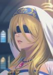  bangs blindfold blonde_hair breasts dress fateline_alpha goblin_slayer! highres indoors jewelry large_breasts long_hair necklace parted_lips pink_lips solo sword_maiden white_dress window 