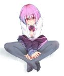  bow breasts button_gap cleavage collared_shirt commentary_request feet jacket lavender_hair looking_at_viewer pantyhose purple_bow purple_jacket purple_neckwear red_eyes shinjou_akane shirt sleeves_past_wrists soles solo ssss.gridman toes white_cardigan yamauchi_(conan-comy) 