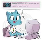  4_fingers 4chan anthro blue_fur breasts cartoon_network cat clothed clothing computer dbaru digital_media_(artwork) english_text fangs feline female fur grin mammal mature_female meta nicole_watterson simple_background smile solo text the_amazing_world_of_gumball whiskers white_background 