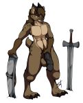  2018 alpha_channel anthro ar&#039;kal_(viggs) balls bulge canine clothing digital_media_(artwork) dungeons_&amp;_dragons fur gnoll hair hi_res horn humanoid_penis male mammal melee_weapon muscular nude penis pubes shield simple_background smile solo standing standing_tough sword teeth transparent_background weapon 