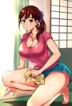  barefoot blush breasts brown_hair cleaning cleavage cloth green_eyes highres indoors jewelry large_breasts long_hair looking_at_viewer mature necklace one_knee original parted_lips pink_shirt ponytail puca-rasu purple_scrunchie scrunchie shirt short_shorts shorts sliding_doors solo sweat t-shirt thighs 