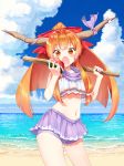  alternate_hairstyle bangs bare_arms bare_legs beach bikini blue_sky blunt_bangs bow cloud day eyebrows_visible_through_hair fangs food fruit hair_bow hands_up highres holding holding_food holding_stick horizon horns ibuki_suika long_hair looking_at_viewer navel ocean open_mouth orange_eyes orange_hair outdoors ponytail purple_bikini_bottom purple_scarf red_bow scarf shiwa sidelocks sky solo standing stick summer swimsuit touhou watermelon white_bikini_top 