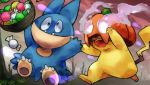  ambiguous_gender anthro candy chasing food fruit halloween holidays looking_at_viewer mammal munchlax nintendo open_mouth outside pikachu pok&eacute;mon pok&eacute;mon_(species) pumpkin rodent running video_games やね 