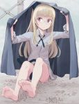 animal_ears barefoot blanket blonde_hair bottomless brown_eyes cat_ears cat_tail covering covering_crotch eyebrows_visible_through_hair feet grass holding long_hair perrine_h_clostermann samuhara shirt sitting solo strike_witches tail white_shirt world_witches_series 