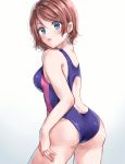 ass back back_cutout blue_eyes breasts brown_hair commentary_request competition_swimsuit from_behind hand_on_own_thigh highres looking_at_viewer looking_back love_live! love_live!_sunshine!! medium_breasts minori_748 one-piece_swimsuit open_mouth short_hair solo swimsuit v-shaped_eyebrows watanabe_you 