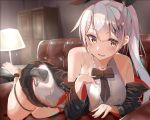 ankle_strap bangs bare_shoulders barefoot black_ribbon blouse blush bow breasts brown_eyes commentary_request eyebrows_visible_through_hair five-seven_(girls_frontline) girls_frontline hair_ornament hair_ribbon hand_up indoors jacket jewelry kinoruru_toiro lampshade large_breasts long_hair looking_at_viewer lounge lying night off_shoulder on_side open_clothes open_jacket open_mouth pleated_skirt ponytail pouch ribbon sidelocks silver_hair skirt sleeveless_blouse smile solo thigh_strap very_long_hair white_blouse 