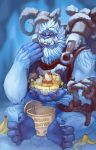  alternate_costume artist_name banana_peel barefoot blush closed_eyes dreamer_whit eating fangs food furry glasses gorilla ice_cream overwatch peanut_butter sitting snow solo winston_(overwatch) yeti_winston 