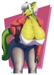  2018 anthro big_breasts black_nose breasts canine clothed clothing crossgender digital_media_(artwork) dragon female fox fully_clothed hair hi_res huge_breasts hybrid jacket jeans jin_(jindragowolf) jindragowolf mammal multicolored_eyes pants scalie shirt signature solo thick_bottom_lip white_hair 