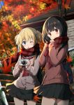  ;o autumn_leaves bag bangs black_hair black_sailor_collar black_skirt blonde_hair blue_sky blurry blurry_background blush brown_cardigan camera cardigan chijou_noko chikanoko closed_mouth commentary_request day depth_of_field eyebrows_visible_through_hair flower hair_between_eyes hair_flower hair_ornament hands_up holding holding_camera leaf long_hair long_sleeves looking_at_viewer maple_leaf multiple_girls one_eye_closed outdoors parted_lips plaid plaid_scarf pleated_skirt ragho_no_erika railing red_neckwear red_scarf sailor_collar scarf school_bag school_uniform short_twintails skirt sky sleeves_past_wrists smile stairs standing stone_stairs twintails uchino_chika white_flower 