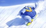  anthro barefoot belly big_belly bottomless claws clothed clothing eyewear feline fur gloves goggles hyper hyper_belly leopard male mammal obese obese_male ollie outside overweight overweight_male pop&#039;n_music smile snow snow_leopard snowboard snowboarding solo spots spotted_fur thick_thighs toe_claws vest yiyani 
