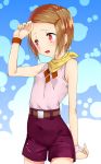  ascot belt blue_background brown_hair casual diamond_(shape) digimon digimon_adventure_02 hair_ornament hairclip hand_on_forehead minamikuru pink_shirt purple_shorts red_eyes shirt short_hair shorts sleeveless sleeveless_shirt solo sweatdrop wristband yagami_hikari yellow_neckwear 