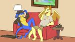  anthro azalea_zefras barefoot blue_fur breasts camera clothed clothing derek964 discarded_clothing embarrassed erection floppy_ears fur grin navel neopet neopets nipples open_jacket pants partially_clothed pussy sitting smile sofa sweat tatsu_(neopets) teasing tipping_hat unlimited-tea yellow_fur zafara_(neopets) 