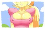  alien blonde_hair blush breasts cleavage clothed clothing erect_nipples female hair hi_res horny_(disambiguation) humanoid kirby_(series) minus8 nintendo nipple_bulge nipples portrait solo standing sweat tiff_(kirby) video_games yellow_skin 