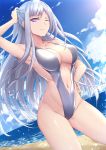  absurdres ak-12_(girls_frontline) arm_up armpits bangs beach blue_sky blush braid breasts cleavage closed_mouth collarbone commentary_request dated day dutch_angle eyebrows_visible_through_hair french_braid girls_frontline groin hand_on_hip hand_on_own_head highres long_hair looking_at_viewer navel ocean one-piece_swimsuit one_eye_closed outdoors ribbon sand sidelocks signature silver_hair silver_swimsuit sky slingshot_swimsuit smile solo stomach swimsuit tareme very_long_hair zhishi_ge_fangzhang 
