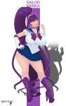  1girl alternate_costume bishoujo_senshi_sailor_moon breasts brown_eyes dante_grapes eiken fangs huge_breasts long_hair looking_at_viewer misono_kirika open_mouth puprle_eyes puprle_hair purple_hair sailor_moon sailor_moon_(cosplay) skirt solo standing tongue tongue_out very_long_hair 